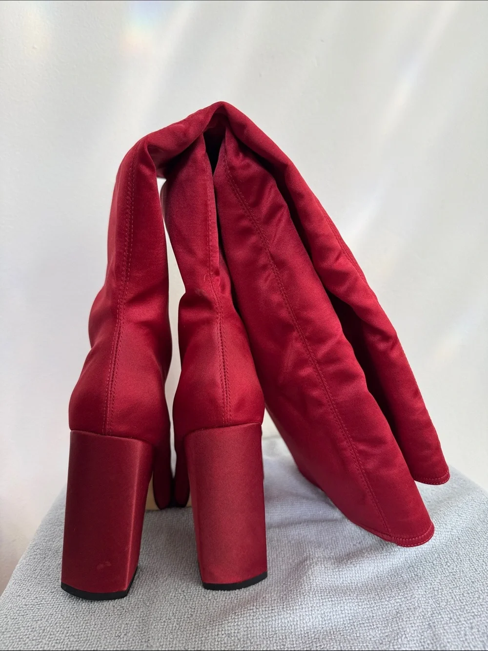 Zara Women's Satin Over-the-Knee Block Heel Boot Red - circa 2010s